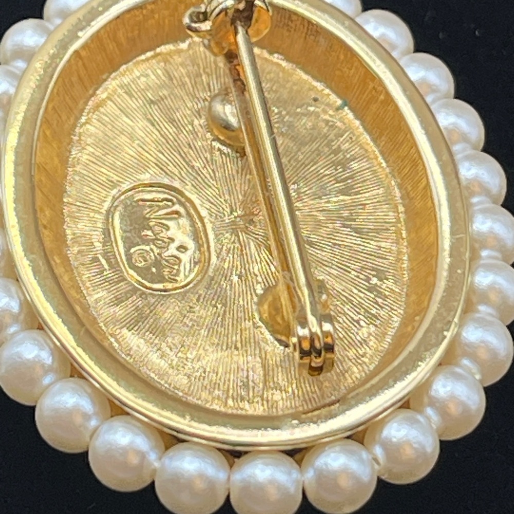 Vintage Napier Rose Quartz Faux Pearl Gold Tone Oval Brooch Tea Rose - Picture 6 of 14
